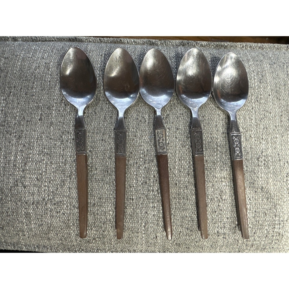 Ekco‎ Eterna Forged Stainless Spoons Faux Wood Handle Korea Vintage Set of 5